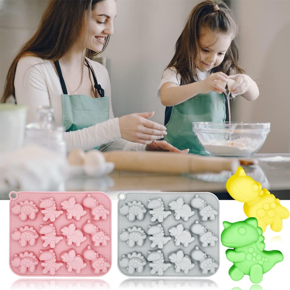 2 Pack Cute Dinosaur Silicone Molds 12 Cavity 3D Dinosaur Themed Baking Mould Tray DIY Baking Tool for Chocolate Cake Dessert Candy Mousse Pastry Handmade Soap Cupcake Topper