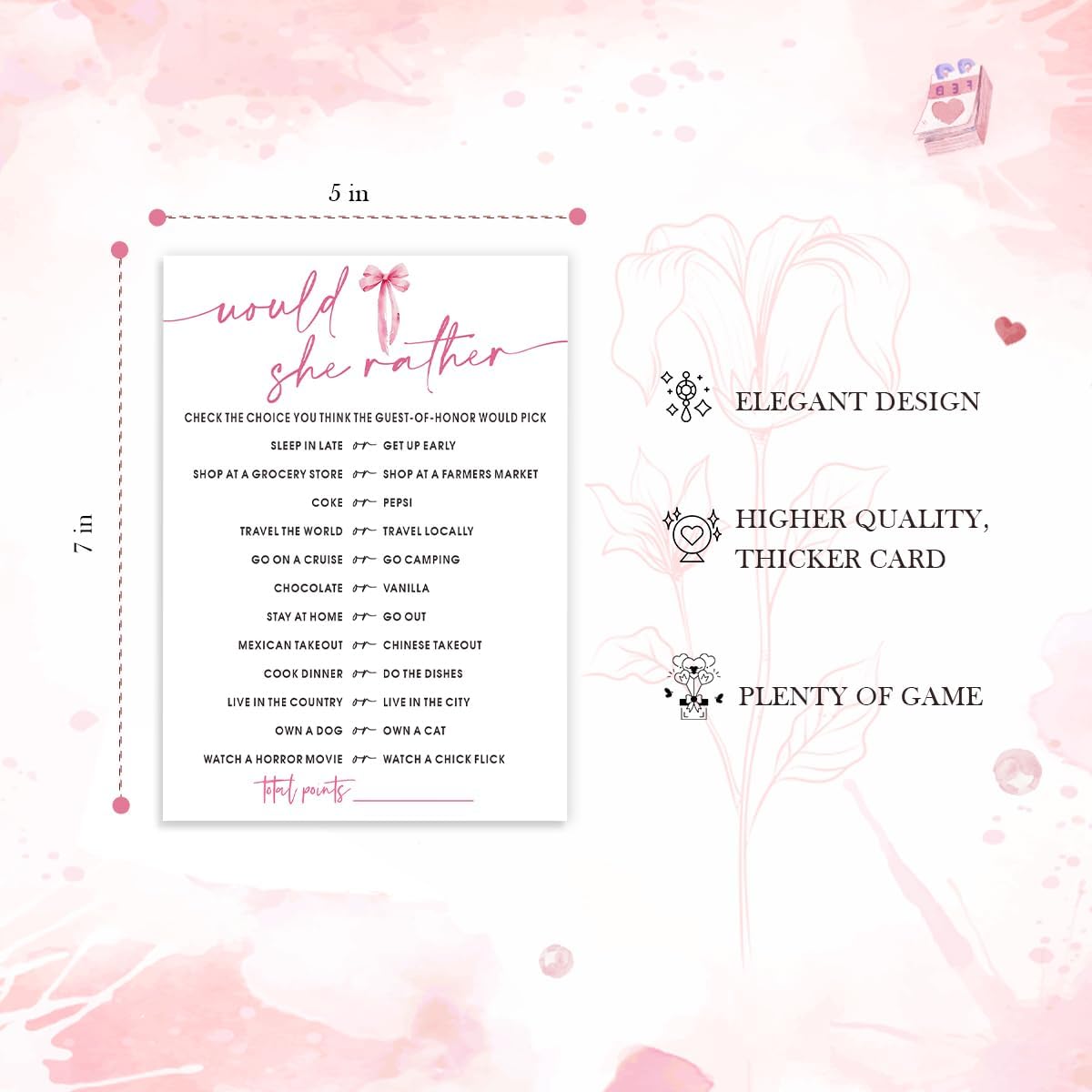 Wedding Shower Games Cards, Would She Rather Bridal Shower Game for 25 Guests, Engagement Party Wedding Games for Guests, Pink Ribbon Bow Wedding Party Supplies - E11