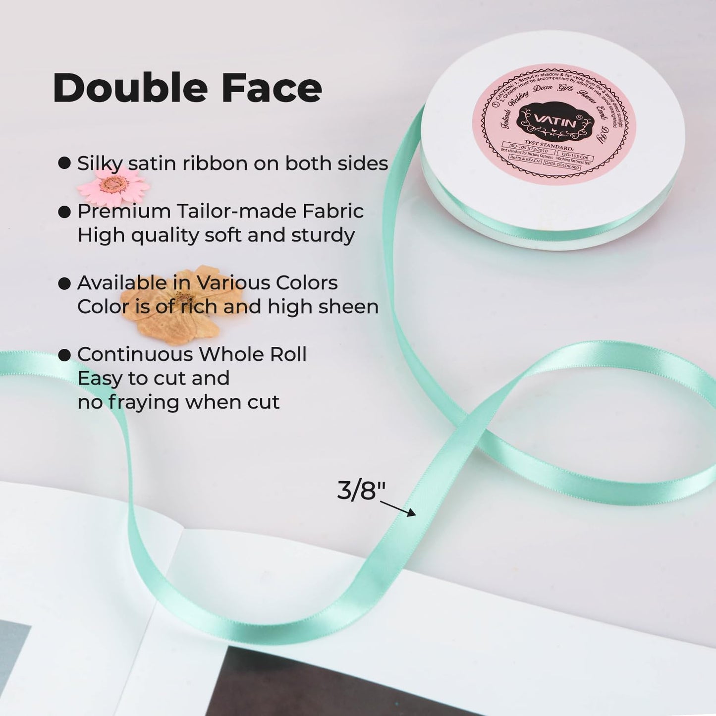 VATIN Double Face Aqua Satin Ribbon 3/8" Continuous 50 Yards,Blue Polyester Fabric Ribbon use for Bows Bouquet, Gift Wrapping, Floral Arrangement Wedding Decoration