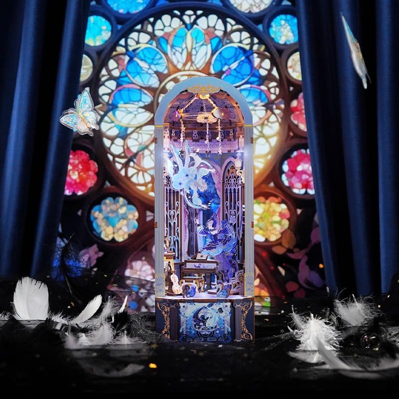 Tonecheer DIY Book Nook Kit for Adults, 3D Wooden Puzzle Music Box Bookend, Rotation Miniature House Booknook Bookshelf Insert Decor with Dust Cover and LED Light (Swan Dream)