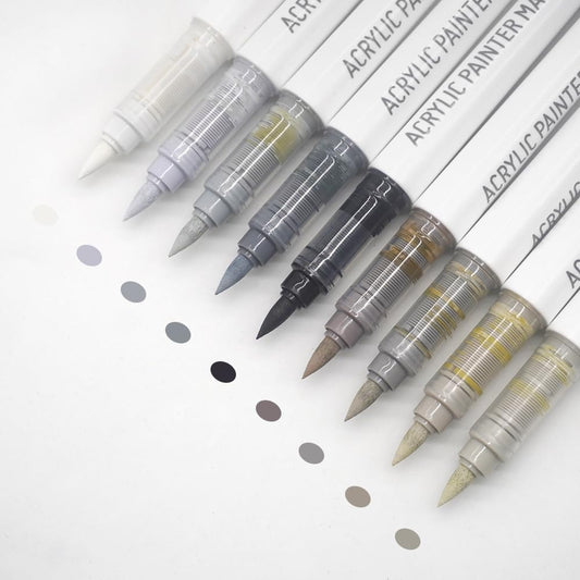 Water Based Acrylic Paint Markers, 9 Colors Acrylic Paint Pens Set with Soft Brush Tip, Marker Pen for Rock Painting, Egg, Wood, Glass, Paper, Mugs, Acrylic Painter Ink (Gray Brown Series)