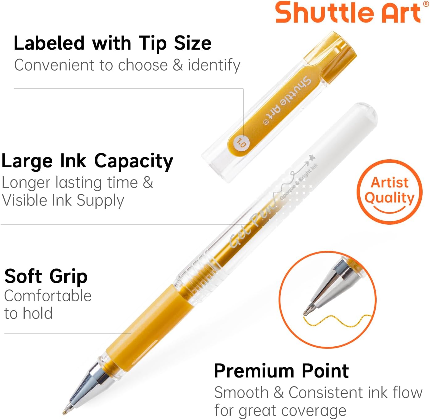 Shuttle Art White Gold Silver Gel Pens, 6 Pack 0.7mm, 1.0mm Metallic Gel Ink Pens Fine Point for Black Paper Highlighting Card Making Scrapbooking Coloring Writing Drawing School Office Home