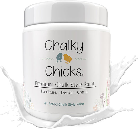 Chalky Chicks All-in-One Chalk Paint for Furniture or Cabinet -16Fl Oz-Matte Finish Powdered Snow (Pure White) for Metal, Wood Furniture Paint - No Sanding All-in-One for Home Decor & Crafts, USA Made