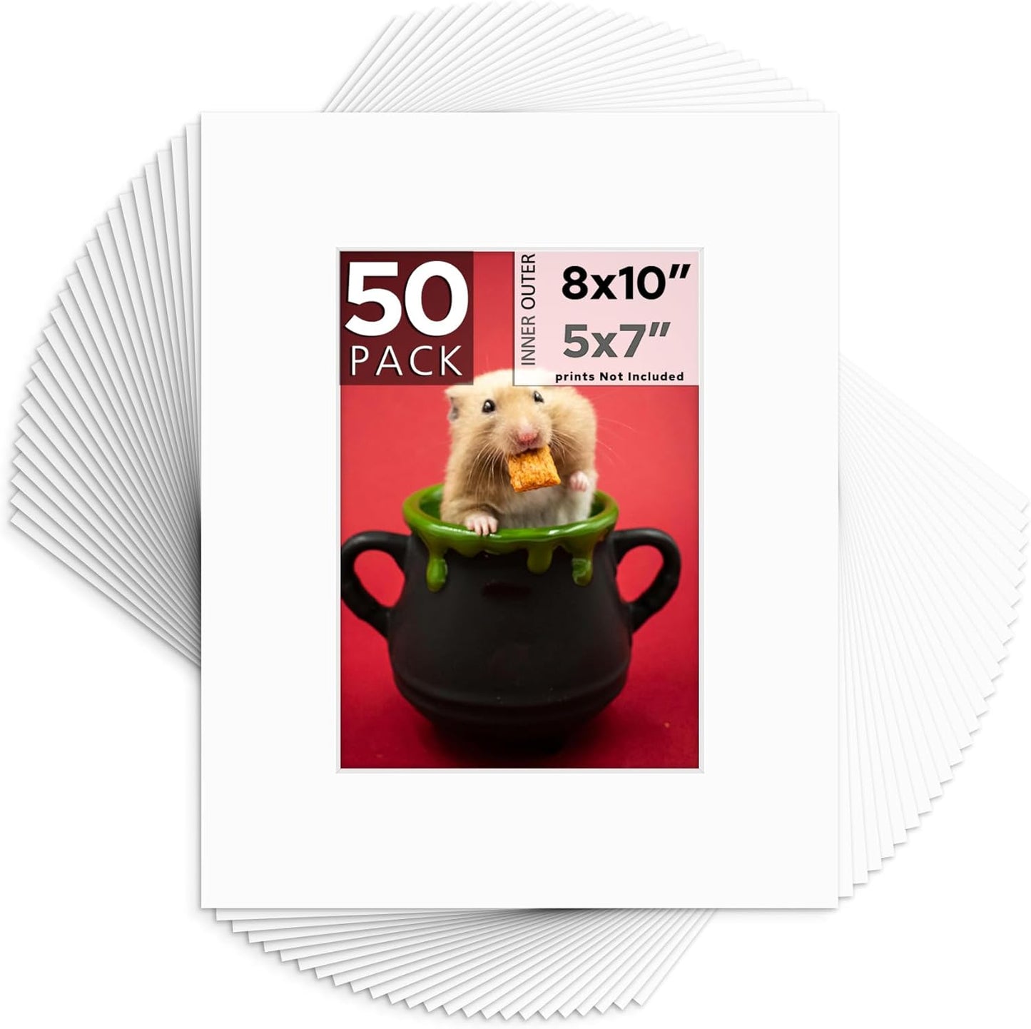 Mat Board Center, Pack of 50, 8x10 for 5x7 White Mats - Acid Free, 4-ply Thickness, White Core - for Pictures, Photos, Framing