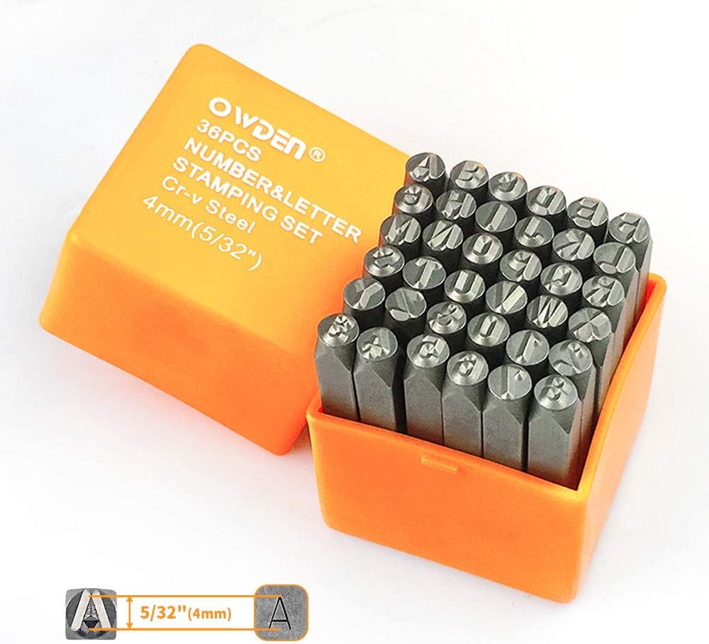 OWDEN Professional 36Pcs.Steel Metal Alphabet and Figure Punch Set (5/32”) 4mm Uppercase,Steel Number and Letter Punch Set, Jewelry Craft Stamping Tool.
