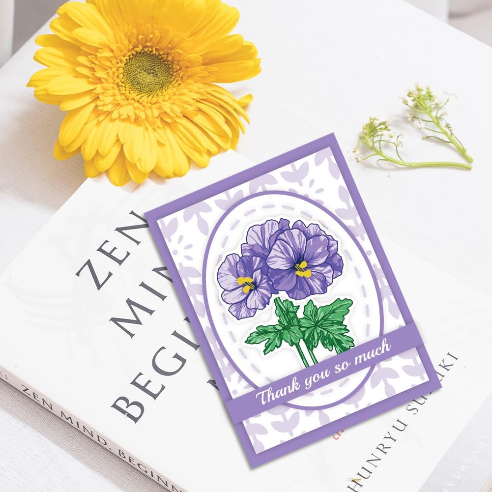 ORIGACH Geranium Layering Stencil Stamp and Die Set for Card Making, Flower Stencil Template Silicone Clear Stamps and Metal Die Sets for DIY Scrapbooking Photo Album Crafting
