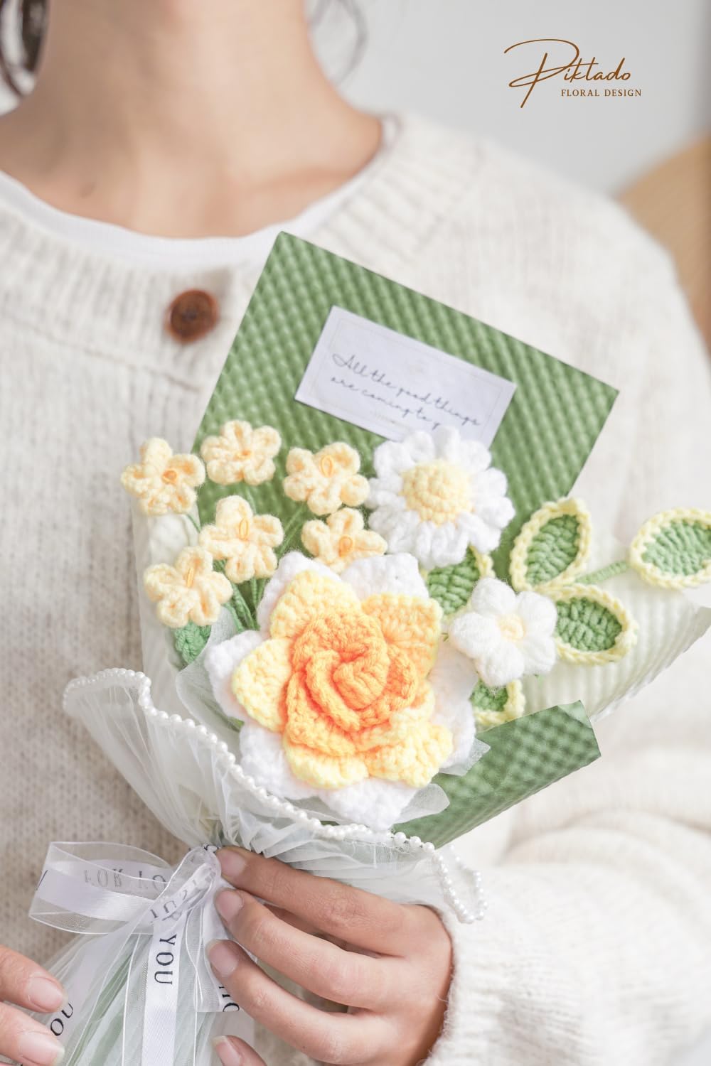 Hand-Woven Flower Bouquet Finished（1pcs） for Valentine's Day Girlfriend Birthday Gift Wedding Decoration Crochet Artificial Flower, Bouquet Gift (Yellow)