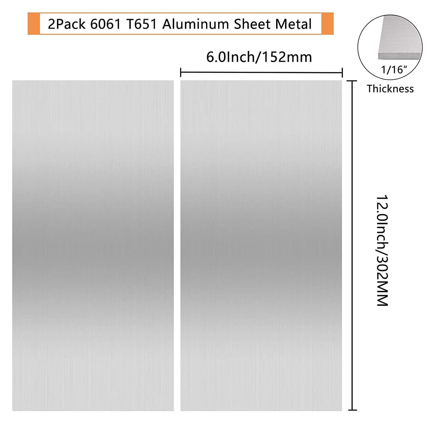 2Pack 6061 T651 Aluminum Sheet Metal 6" x 12" x 1/16"(0.06”) Flat Plain Thin Aluminum Plate Covered with Protective Film, 1.5mm Heat Treatable Rectangle Aluminum Metal Plate for Crafting, lndustry