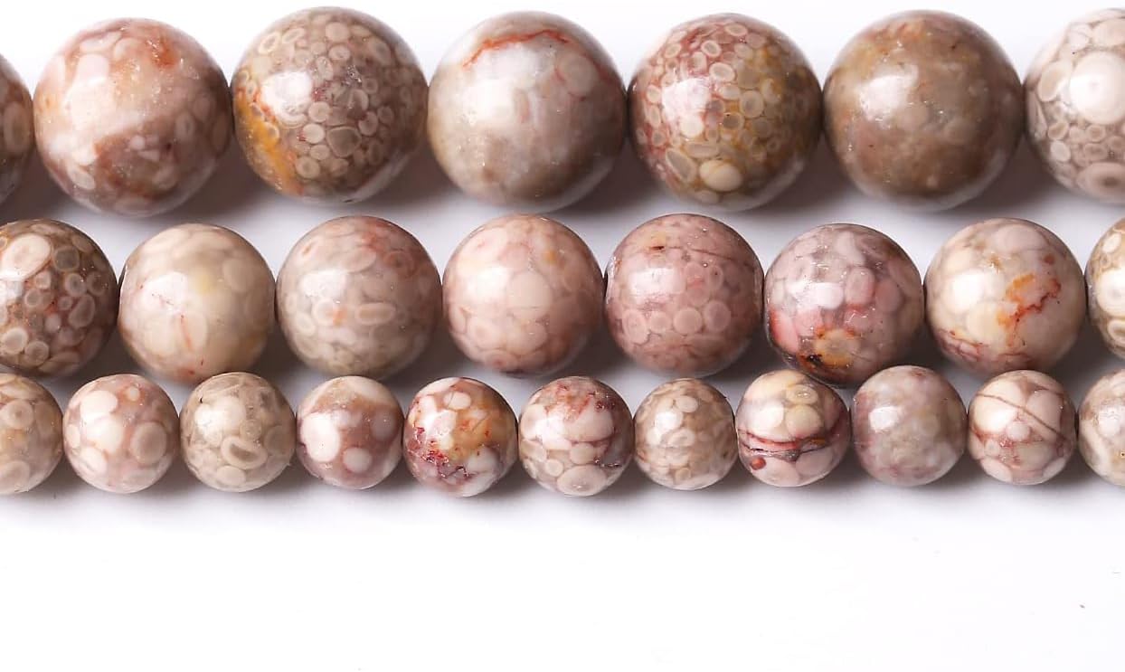 32PCS 12MM Flowery Cowry Fossil Stone Beads Energy Healing Beads for DIY Jewelry Bracelet Necklace Making for Jewelry Making15Inch