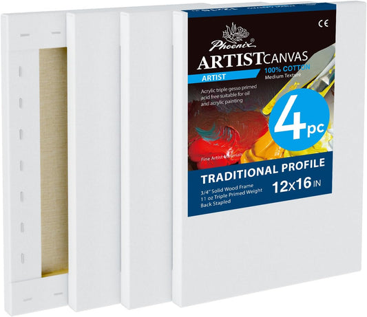 PHOENIX 12x16 Inch 4 Pack Artist Canvas - Stretched Canvases for Painting - 3/4 Inch Profile, 100% Cotton 11 Oz. Gesso Primed White Blank Professional Canvas Oil & Acrylic Paints