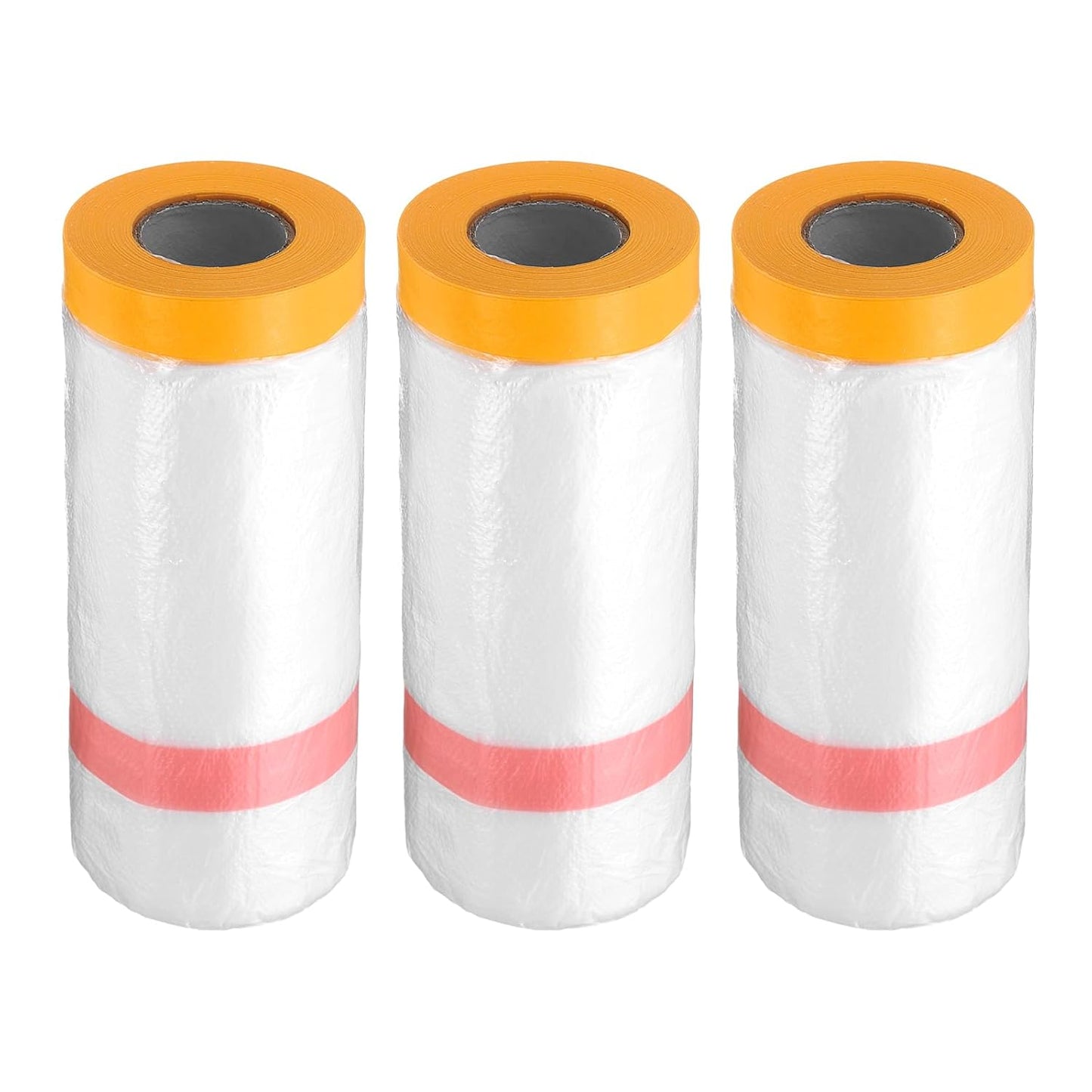 HARFINGTON 3 Rolls Pre-Taped Masking Film 43.3" x65.6ft Double Adhesive Tape and Drape Painters Plastic Drop Cloth Film with Tape Plastic Sheeting for Automotive Painting Covering
