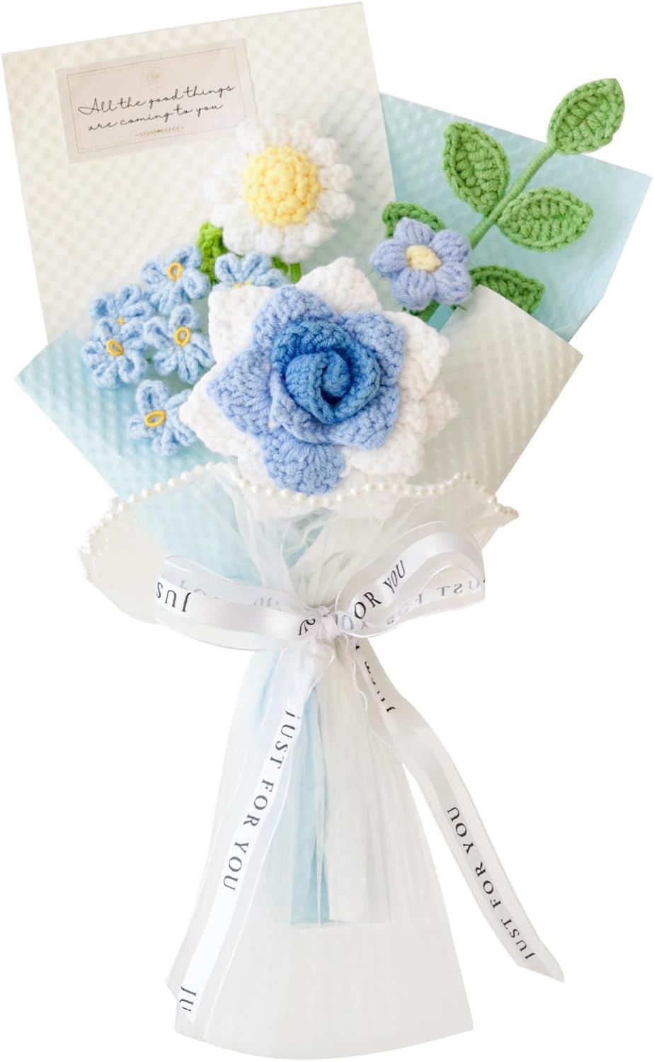 Hand-Woven Flower Bouquet Finished（1pcs） for Valentine's Day Girlfriend Birthday Gift Wedding Decoration Crochet Artificial Flower, Bouquet Gift (Blue)