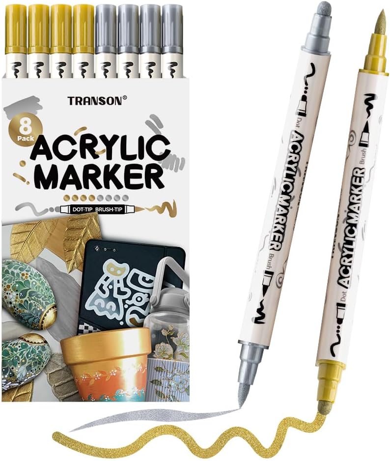 TRANSON 4 Silver and 4 Gold Paint Markers Brush and Bold Dual-tip Acrylic Paint Marker Set for Rock Painting Glass Canvas Wood Leather Ceramic Painting