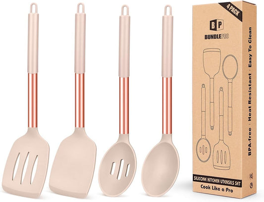Pack of 4 Silicone Cooking Utensils Set, Non Stick Large Solid Spatulas, Heat Resistant Rose Gold Khaki Slotted Spoons, Ideal BPA Free Kitchen Turners for Frying, Mixing,Serving,Draining,Turning