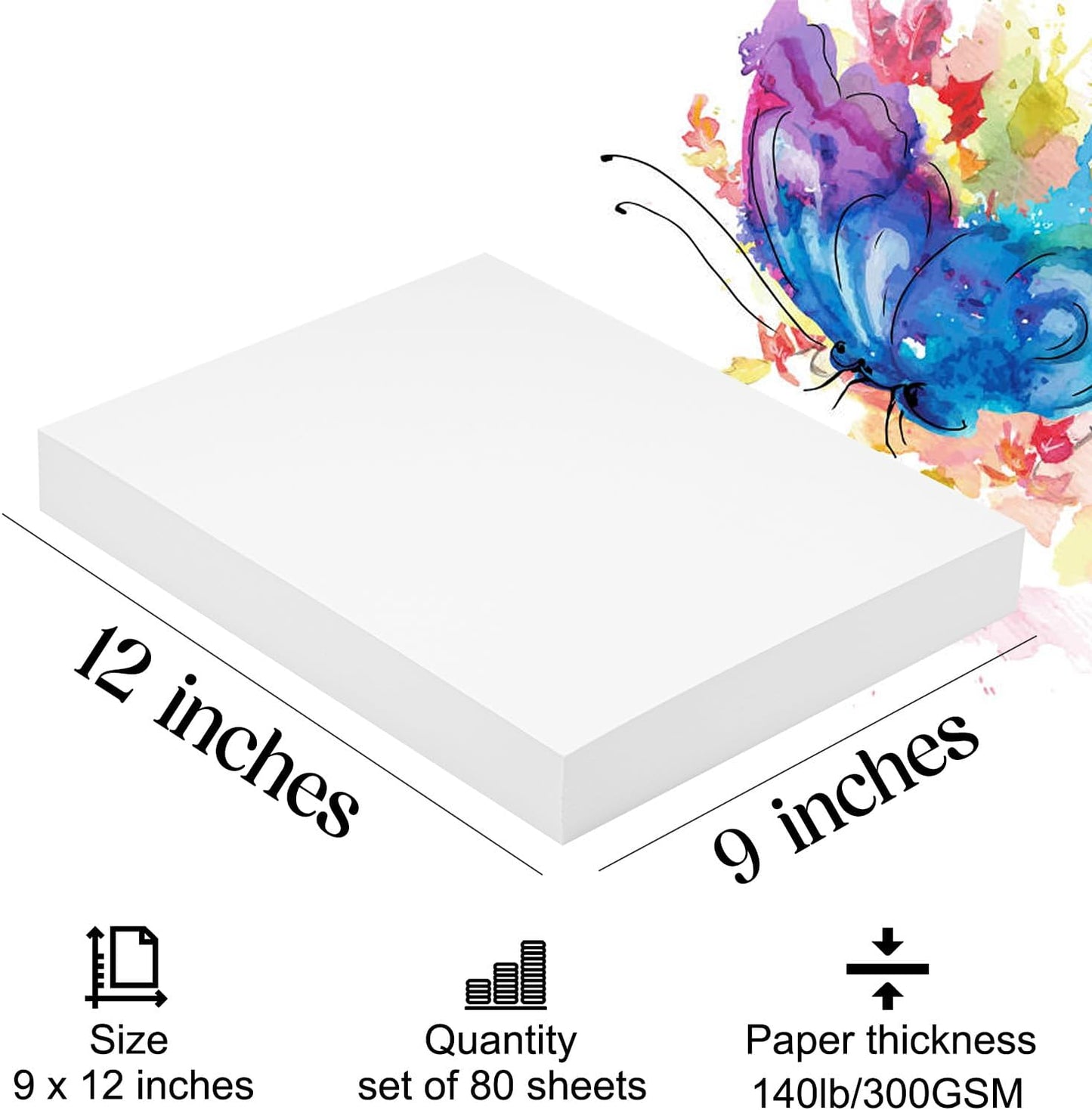 Watercolor Paper 9x12 inches 80 Sheets,Heavyweight Artist Paper 140lb/300GSM Cold Press Natural Cotton Paper for Students Artists Watercolor Drawing