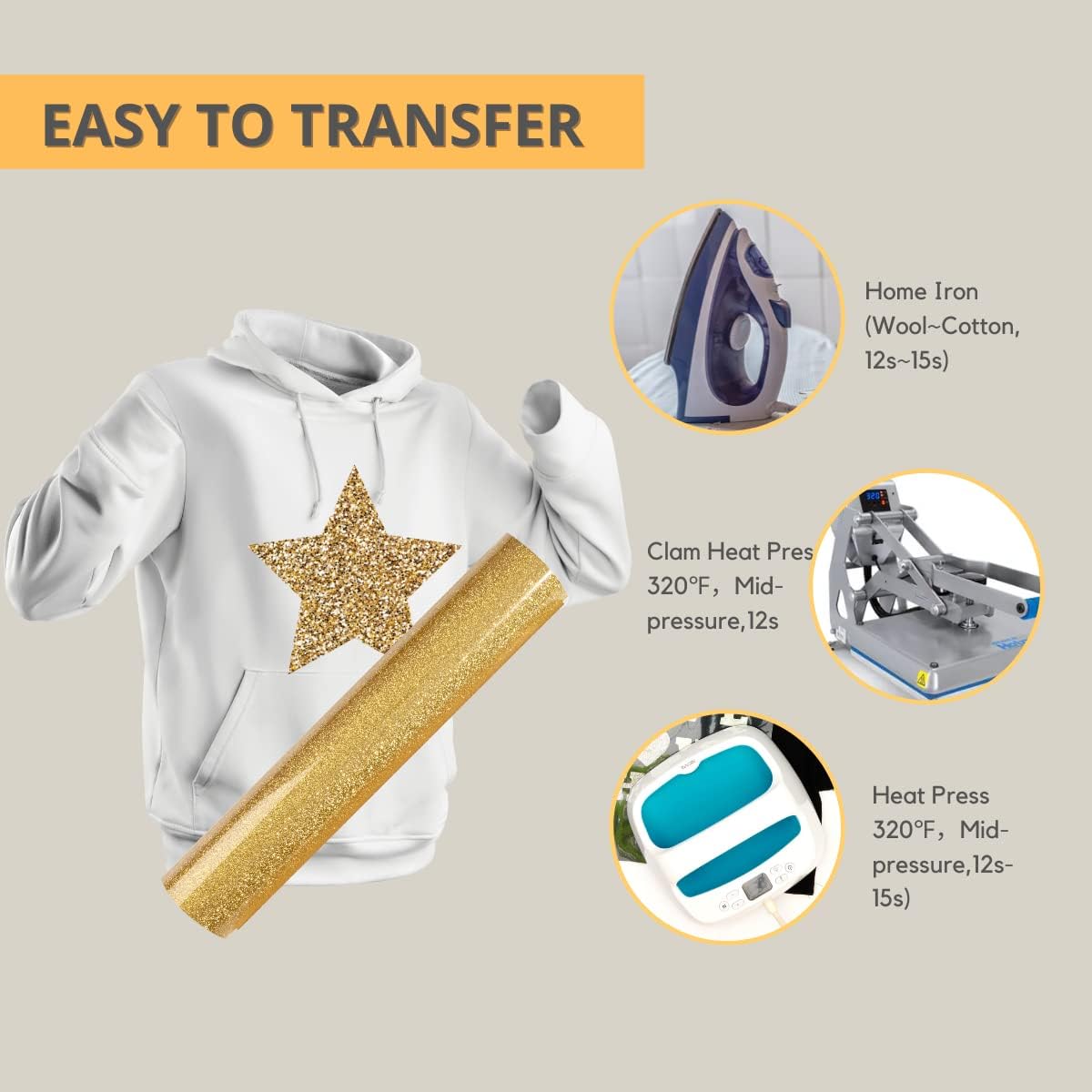 Gold Glitter HTV Roll -12" x10ft Iron on Heat Transfer Vinyl for DIY Shirts Gifts(Old Gold)