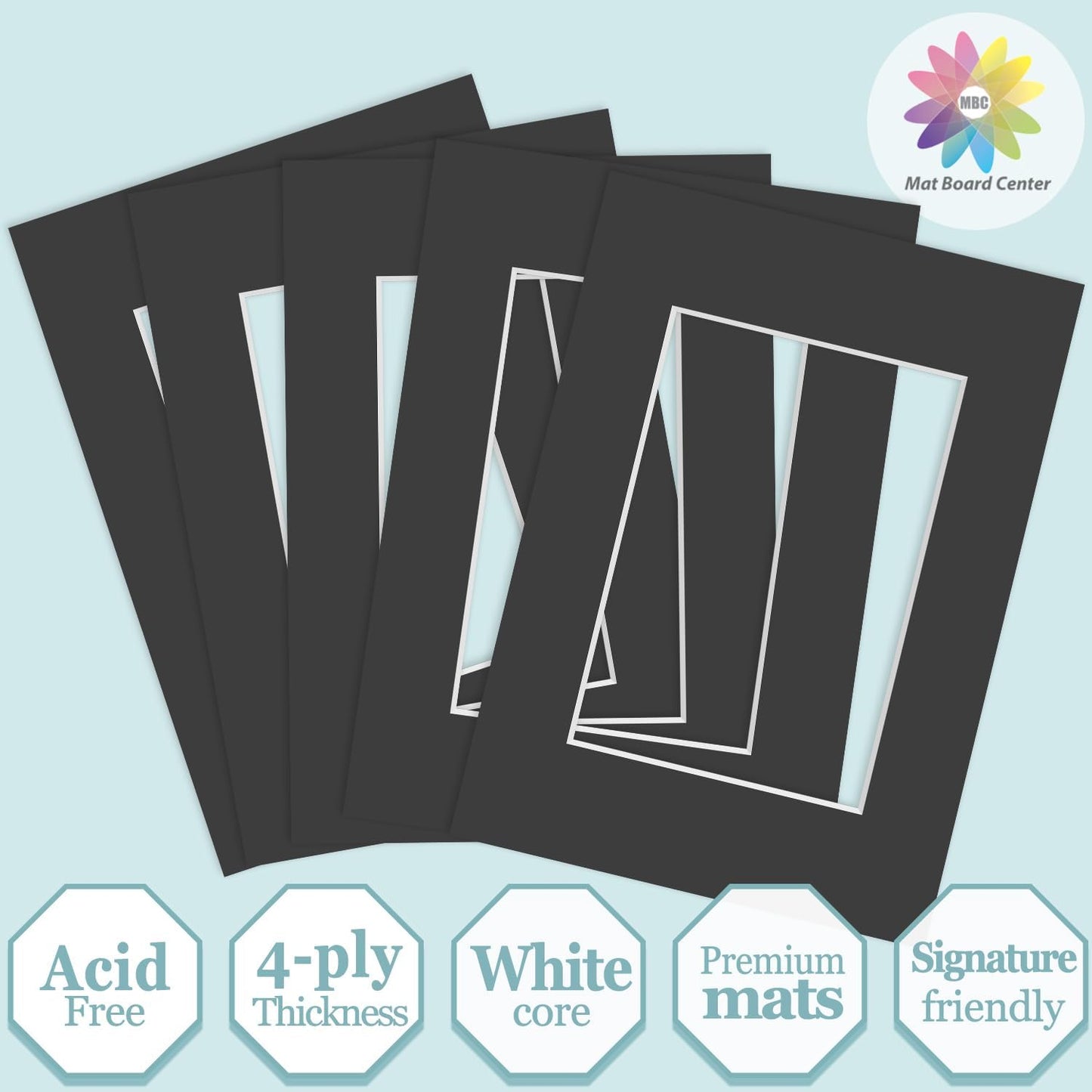 MBC MAT BOARD CENTER, 5 Pack 5x7 for 3.5x5 Black Picture Mats Frame Mattes, Bevel Cut, Acid Free, 4-ply Thickness