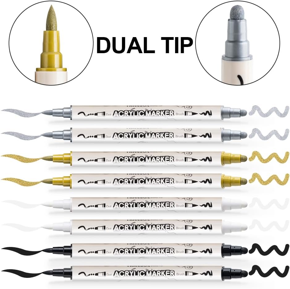 TRANSON 2 Gold, 2 Silver, 2 Black and 2 White Paint Markers Brush and Bold Dual-tip Acrylic Paint Marker Set for Rock Painting Glass Canvas Wood Leather Ceramic Painting