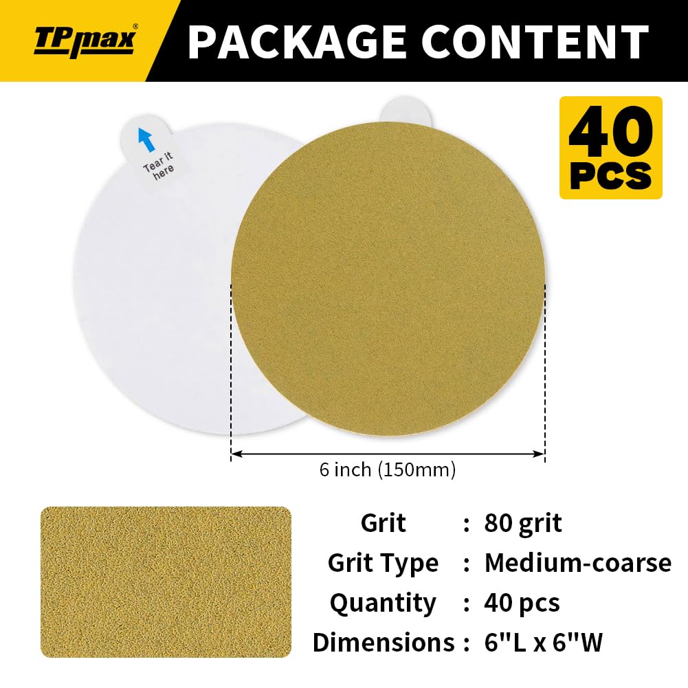 6-Inch 80-Grit Gold PSA Sanding Discs, 40 Pack – Pro-Grade Self-Adhesive Stickyback Sandpaper with Quick-Release Tabs for DA Sander, Medium-Coarse Automotive/Wood/Metal Sanding