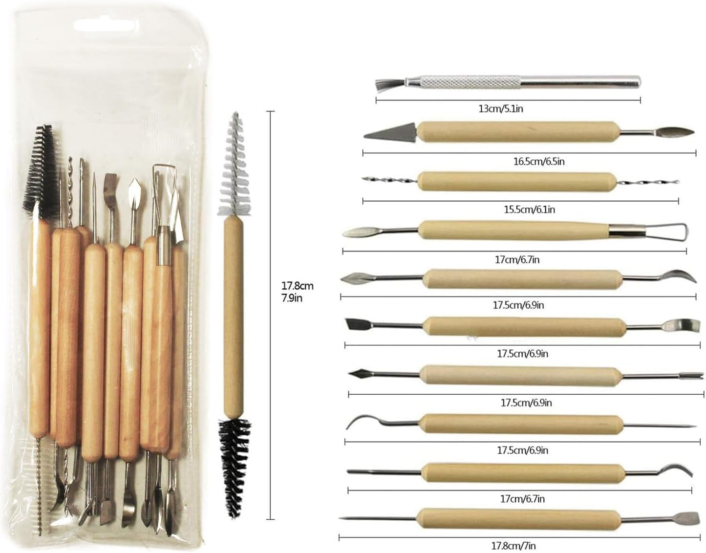 S & E TEACHER'S EDITION 11 Pcs Pottery & Clay Sculpting Tools, Double-Sided, Ceramics Tools Smooth Wooden Handles for Trimming, Embossing Pattern.