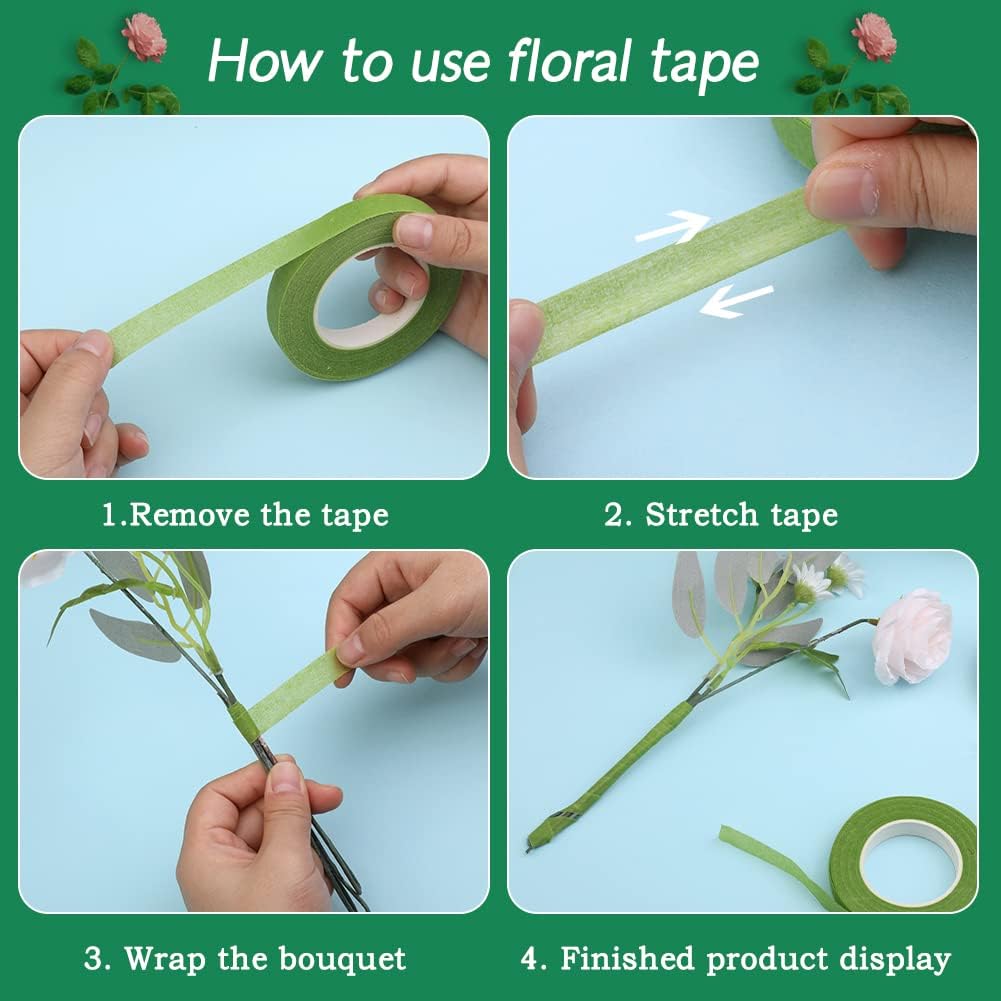 6 Rolls Floral Tape, 1/2" by 180Yard Green Floral Tape for Bouquet Stem Wrap Flower Arranging Craft Projects Corsages, Wedding Bouquet