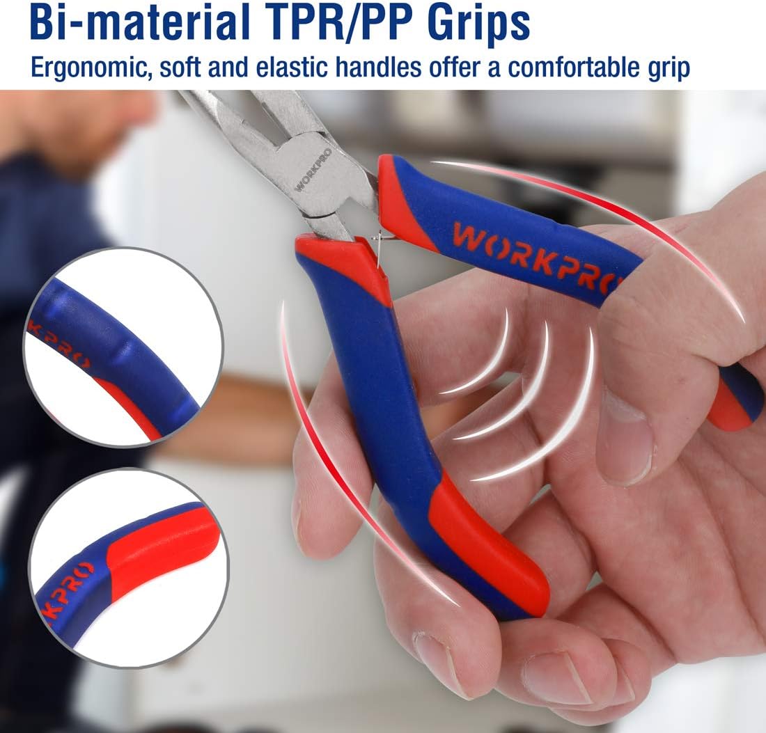 WORKPRO 6-piece Mini Pliers Set - Needle Nose, Diagonal, Long Nose, Bent Nose, End Cutting and Linesman, for Making Crafts, Repairing Electronic Devices, with Pouch