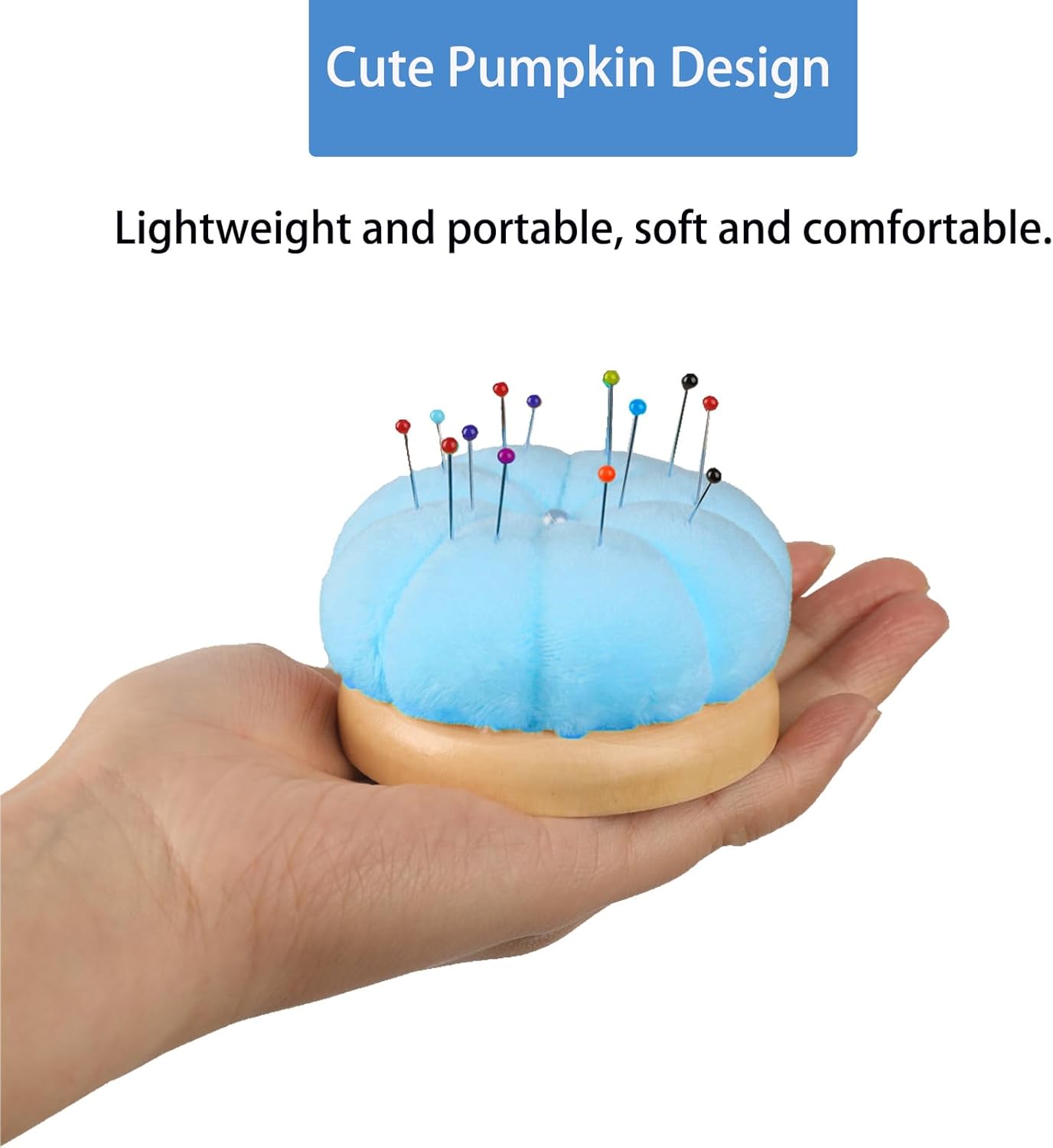 Hilltian Pin Cushion for Sewing, Wooden Base Sewing Pincushion with 100 Plastic Head Pins, Cute Pins Holder for Sewing Quilting, Light Green (Sky Blue)