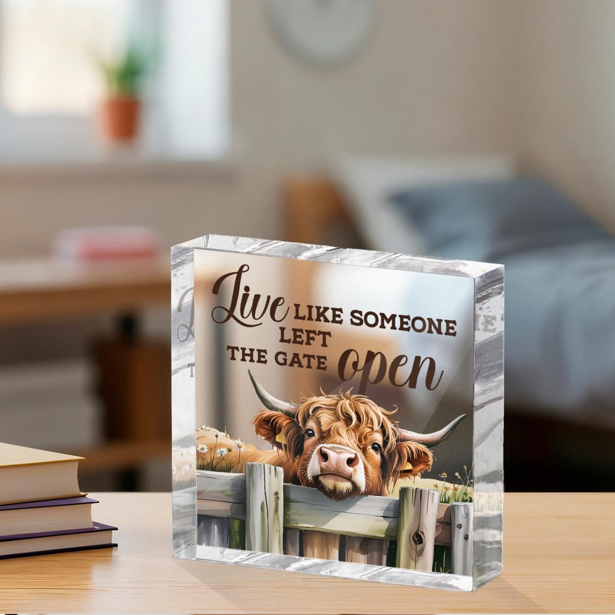 Cute Cow Decorative Signs, Rustic Western Animal Office Desk Decor Acrylic Sign 4x4 Inch, Desk Accessories Signs for Bathroom Cubicle Farmhouse Kitchen, Cow Gifts for Women Friend