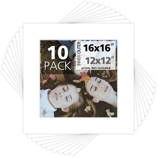 Mat Board Center, Pack of 10, 16x16 for 12x12 White Photo Picture Mats - Acid Free, 4-ply Thickness, White Core - for Pictures, Photos, Framing