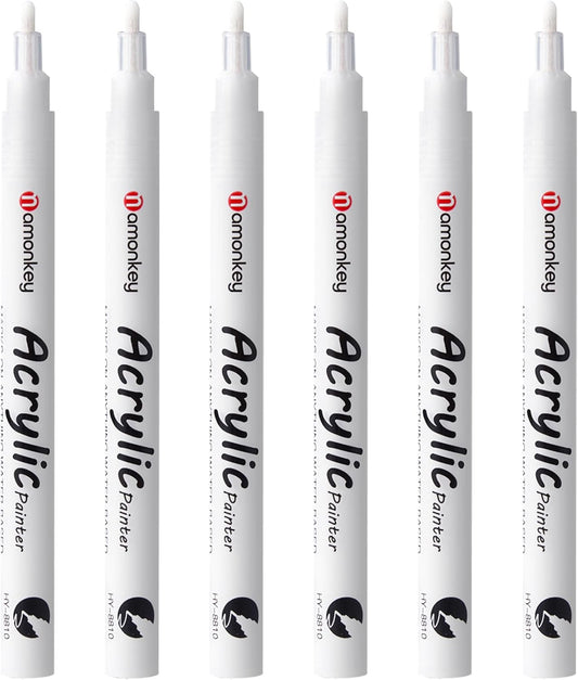 White Paint Marker Pens 6 Pack 1.2mm Fine Tip, Permanent Acrylic Ink for Rock, Wood, Metal, Glass, Ceramic, Plastic, Canvas, Pens for DIY Crafts, Art & Fine Detailing