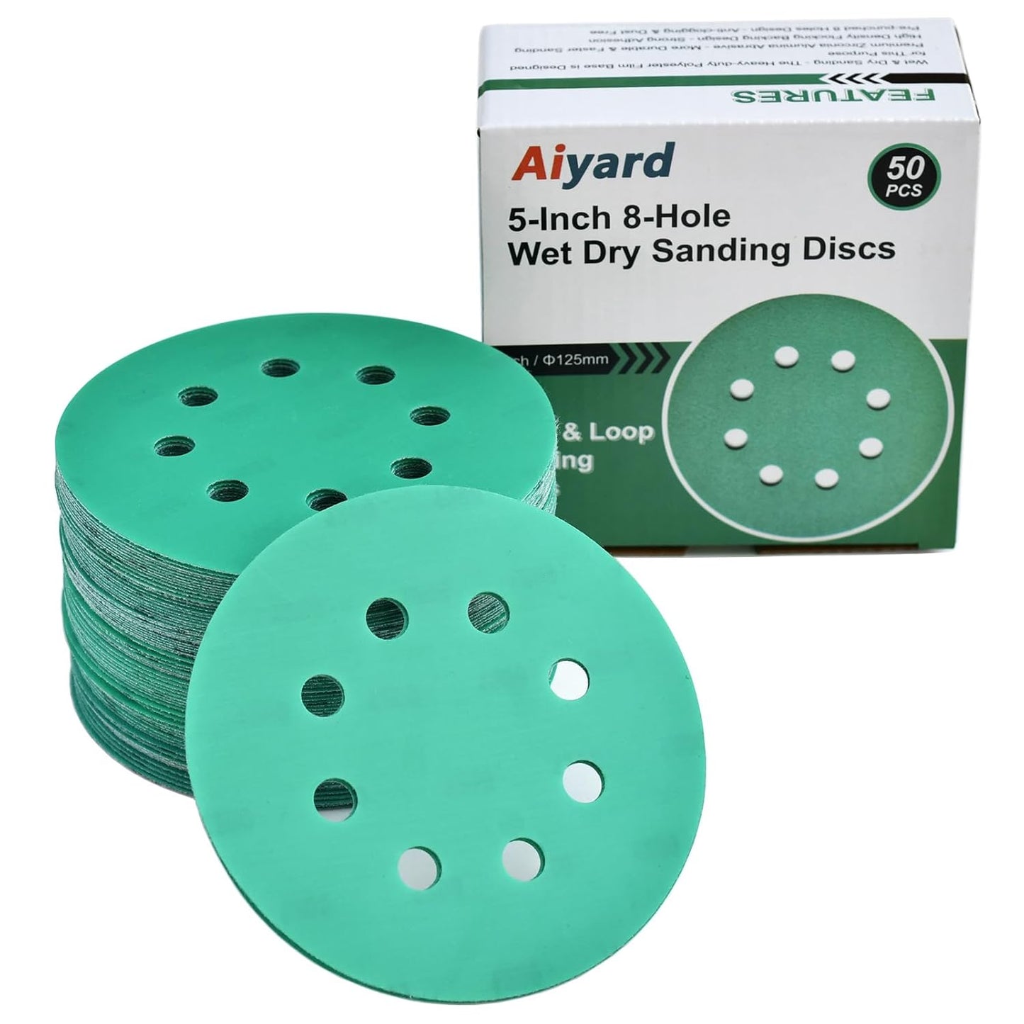 5-Inch 8-Hole Wet Dry Sanding Discs 1200 Grit, Polyester Film Backed Heavy-Duty Hook and Loop Sandpaper for Random Orbital Sander, 50-Pack