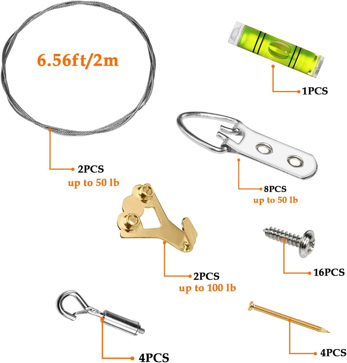 SDTC Tech Adjustable Picture Hanging Wire Kit 2m x 1.5mm Stainless Steel Wire Rope, D-Rings, Wall Mounting Hooks, Adjustable Hangers, Level & Screws for Paintings Photos Mirror Frames Hold Up to 80lbs