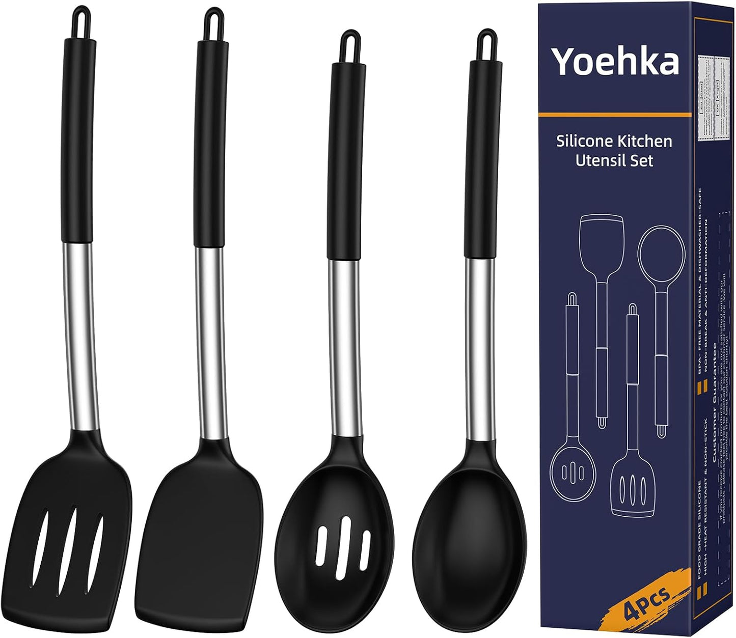Yoehka Silicone Cooking Utensils Set for Nonstick Cookware, 4Pcs Heat Resistant Kitchen Silicone Spatula and Spoon Set with Stainless Steel Handle, Mixing, Flipping, Turning, Stirring, Black