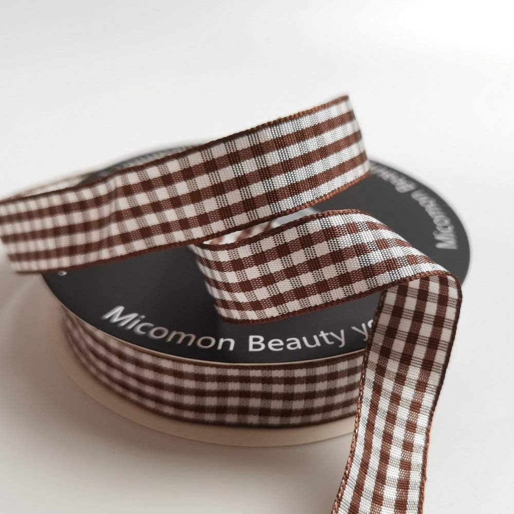 Micomon Brown and White Gingham Ribbon Buffillo Gingham Ribbon 25 Yards Each Roll 100% Polyester (5/8", Brown)