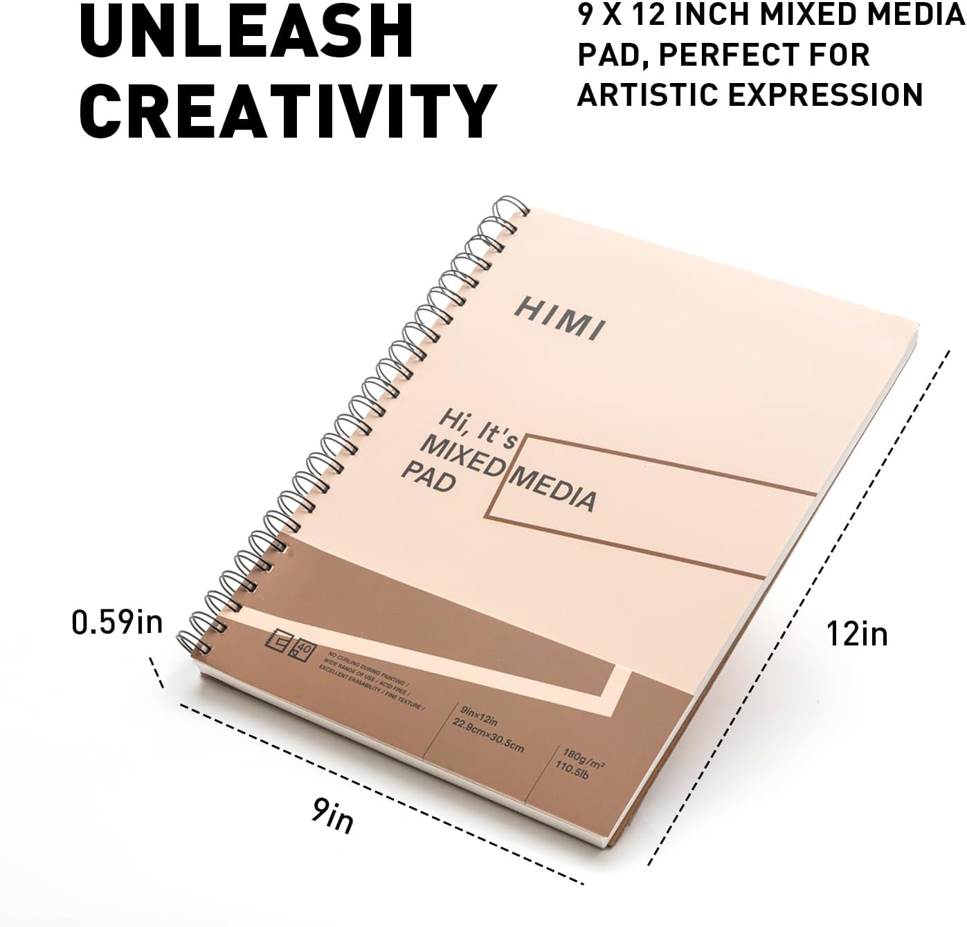 HIMI Mix Media Paper Pad 9X12''(180g/m²) 40 Sheets Mix Paper Pad, Side Wire Bound, Fine Texture, in Gouache Acrylic Art Pad for Sketching, Ink Sketch Book, Art Supplies Drawing Pad Gift (Pink)