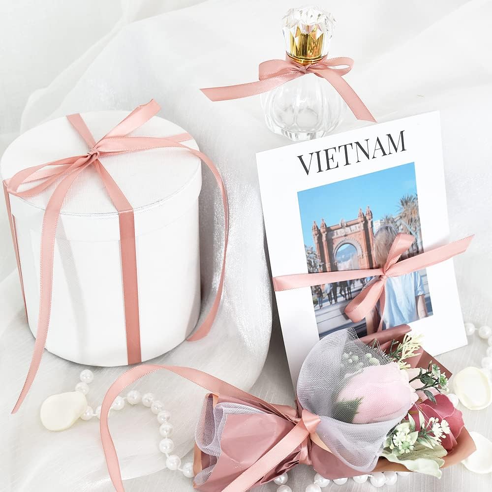 TONIFUL 3/8 in x 100yds Rose Gold Satin Ribbon Thin Solid Fabric Ribbons Roll for Gift Wrapping Invitation Floral Hair Balloons Craft Sewing Party Wedding Popsicles Decoration Valentine's Day Bouquet