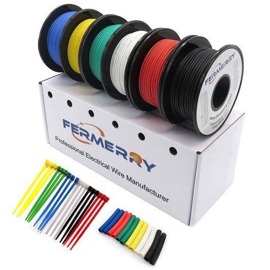 Fermerry 26 AWG Stranded Wire Spool 10ft Each 6 Colors Flexible 26 Gauge Silicone Hook up Wire Kit Electrical Tinned Copper Wire