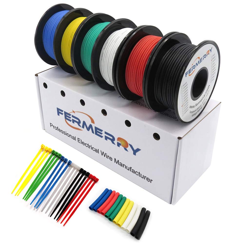 Fermerry 22 AWG Stranded Wire Spool 100ft Each 6 Colors Flexible 22 Gauge Silicone Hook up Wire Kit Electrical Tinned Copper Wire