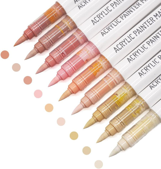 Water Based Acrylic Paint Markers, 9 Colors Acrylic Paint Pens Set with Soft Brush Tip, Marker Pen for Rock Painting, Egg, Wood, Glass, Paper, Acrylic Painter Ink (Colorful of Skin Series)