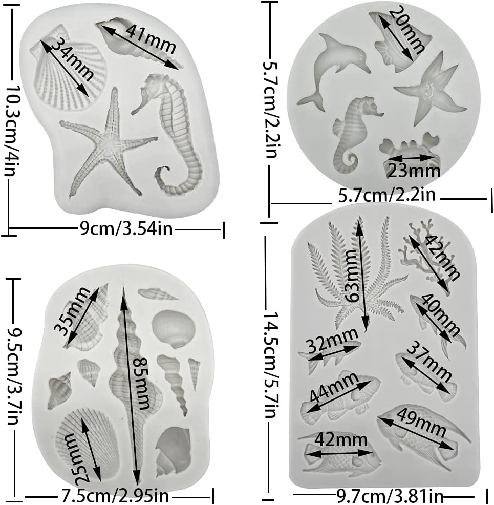 4PCS Marine Theme Fondant Silicone Mold Seaweed Sea Fish Crab Coral Conch Sea Shells Shape DIY Handmade Baking Tools
