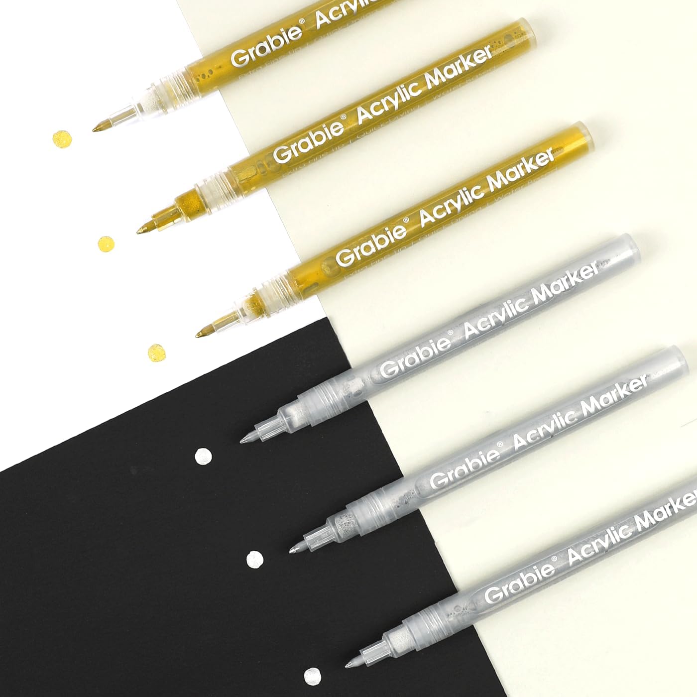 Grabie Gold&Silver Extra Fine Tip Acrylic Paint Marker Set, 6 Pack Gold Paint Markers, 0.7mm Acrylic Paint Pens for Black Paper, Halloween Pumpkin, Christmas DIY, Silver Pen(Gold&Silver)