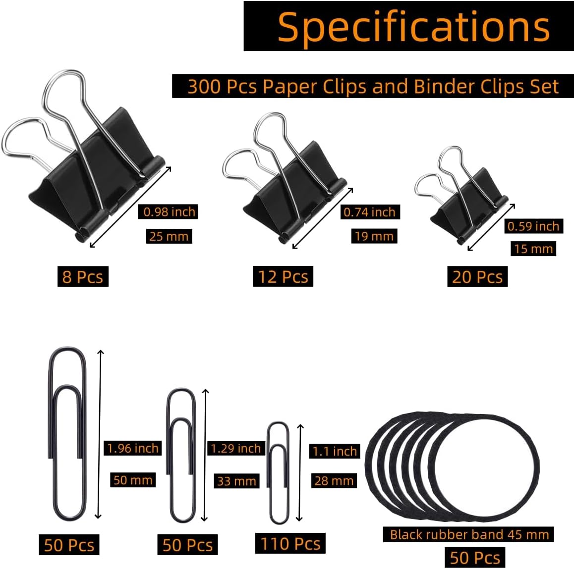 300Pcs Paper Clips and Binder Clips Set, Assorted Sizes, Paper Clips, Binder Clips, Rubber Bands for Office, Home, School, Document Organizing