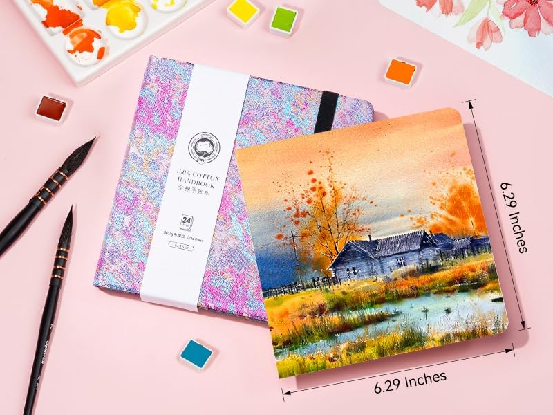 Lightwish Square Watercolor Journal,100% Cotton,300gsm/140lb,Acid-Free,24 Sheets Cold Press Watecolor Sketchbook for Artists Adults Students,6.29 * 6.29 Inches(Purple Sunset)