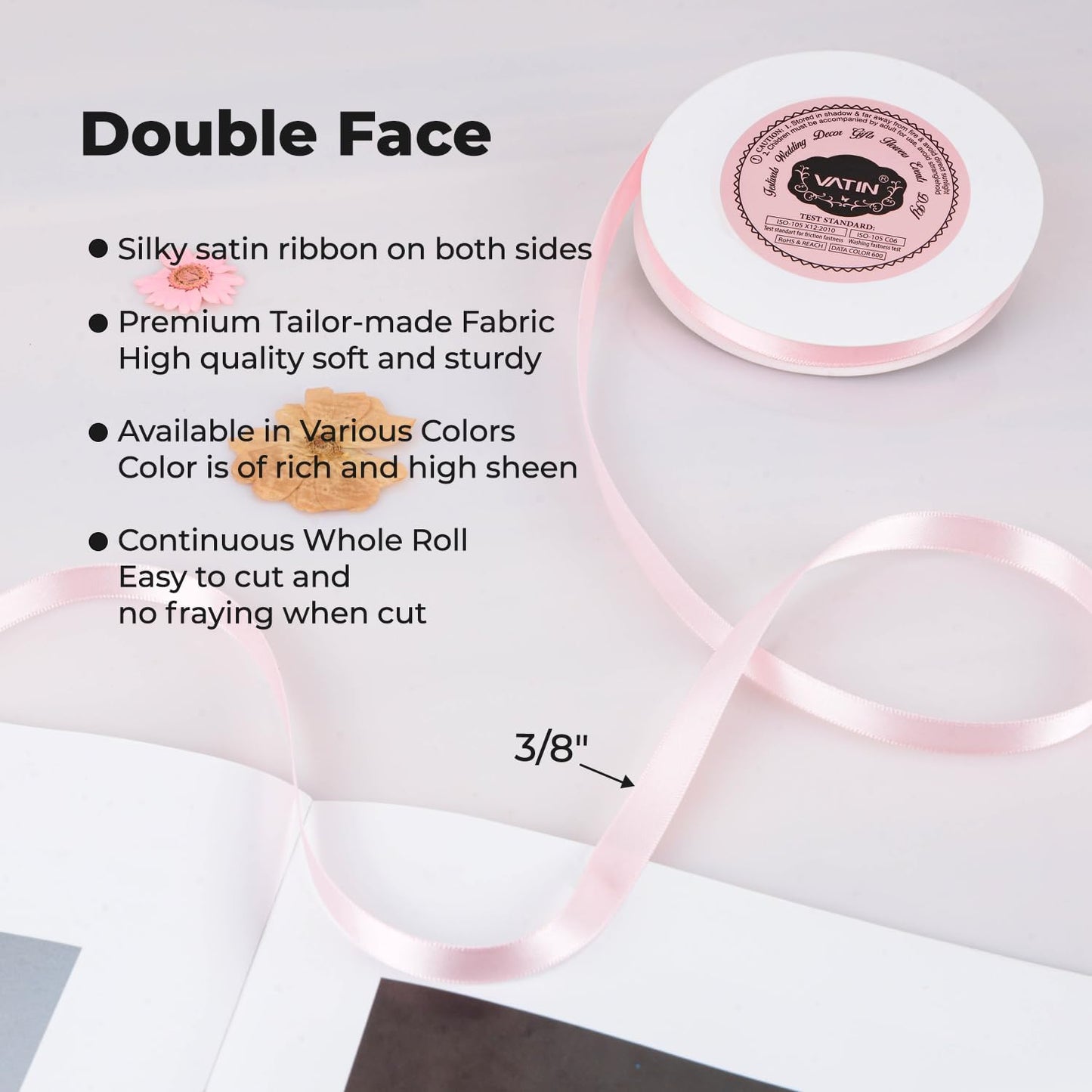 VATIN 3/8 inches Double Faced Light Pink/Baby Pink Polyester Satin Ribbon - 50 Yards for Gift Wrapping Ornaments Party Favor Braids Baby Shower Decoration Floral Arrangement Craft Supplies
