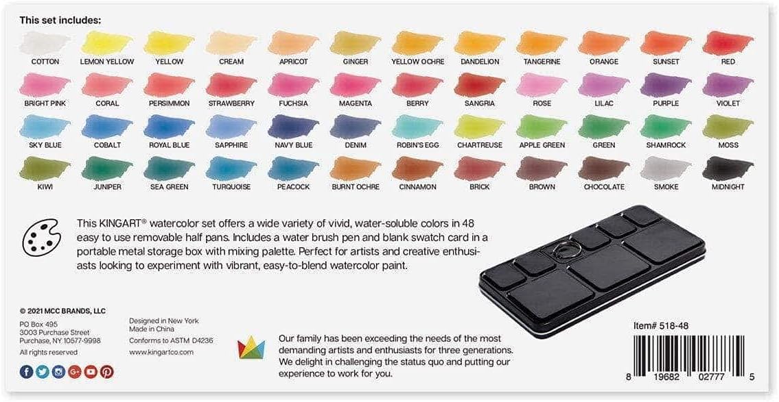 KINGART PRO Artist, Tin Box with Water Brush Watercolor Half-Pans, 48 Vibrant Colors Piece