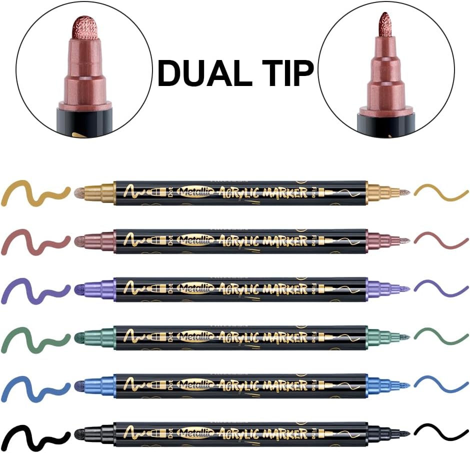 TRANSON 12Colors Metallic Paint Markers Bold and Fine Dual-tip for Rock Wood Ceramic Canvas DIY Painting Drawing