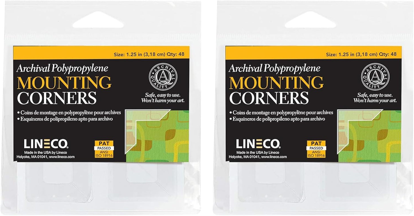 Lineco, Self-Adhesive Polypropylene Mounting Photo Corners, 1.25" Full View, Pressure Sensitive, Non-Yellowing Acrylic Adhesive (Pack of 48) 2 Packs