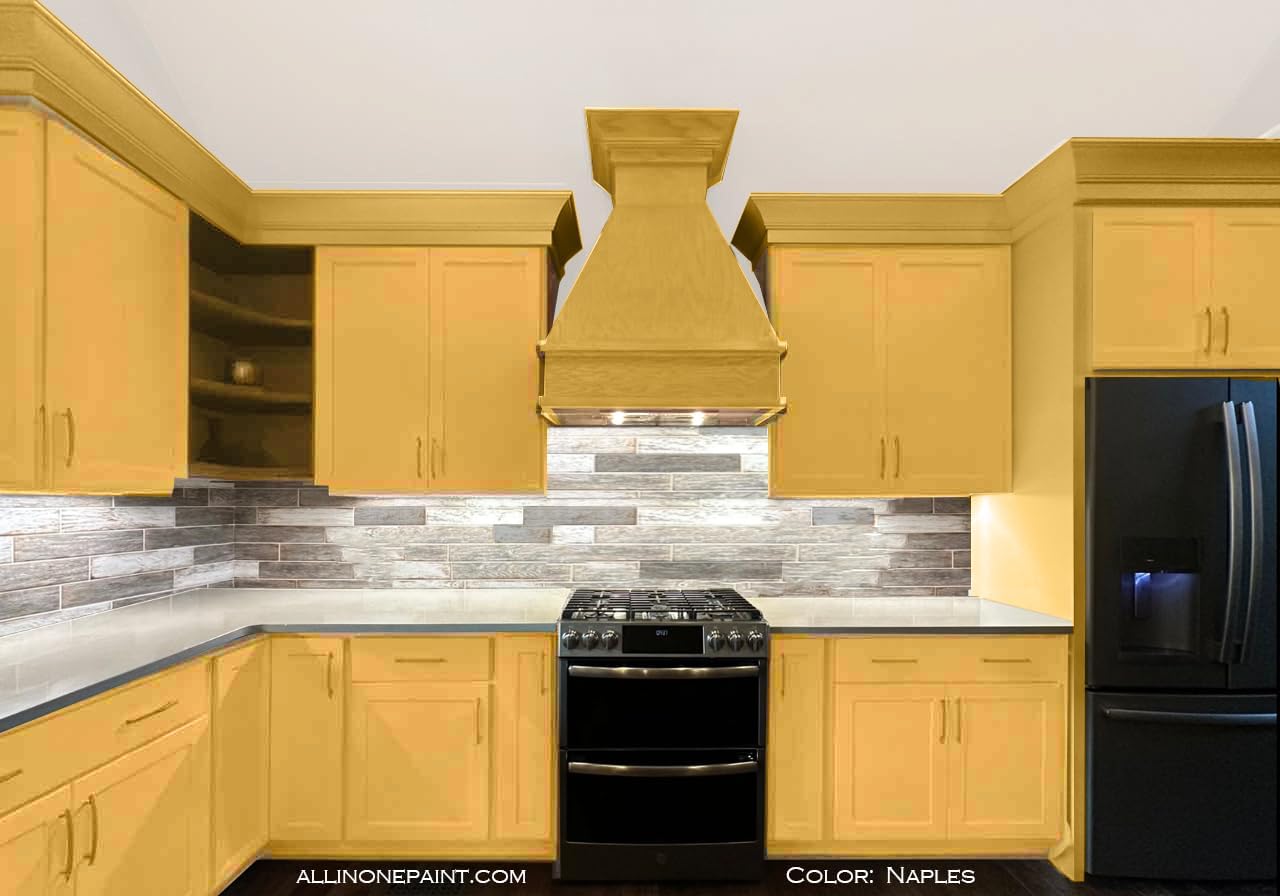 ALL-IN-ONE Paint, Durable cabinet and furniture paint. Built in primer and top coat, no sanding needed. Includes our 30 featured color card - Naples (sunny yellow), Quart