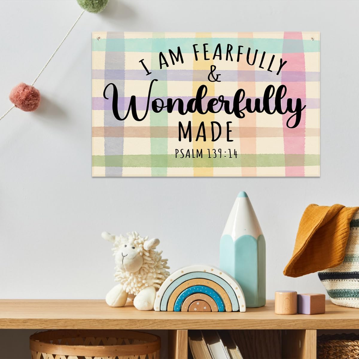 Fearfully and Wonderfully Made Bible Verses Wall Decor Kids Room Decor Canvas Banner, Canvas Decoration for Classroom, Nursery, Kids Room for Boys and Girls