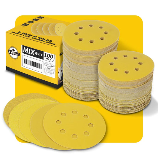 100PCS 5 Inch 125mm 8 Hole Sanding Discs Sandpaper Mixed Grits - Premium Gold Round Hook and Loop for Random Orbital Sander (60, 80, 120, 220, 320 Grit Variety Pack)